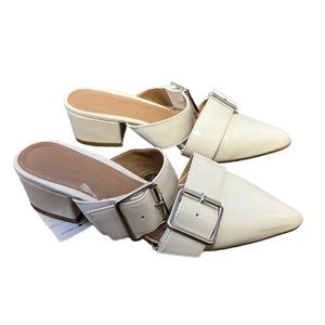 buckled heeled mules